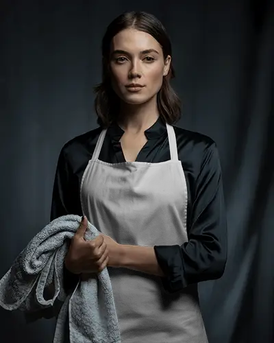 Cinematic Portrait Apron Mockup On Female Model Holding Towel Soft Light And Elegant Composition