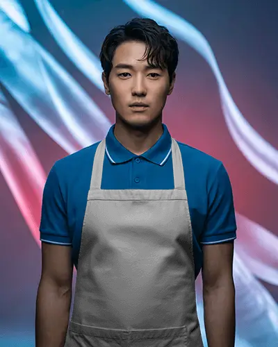 Studio Portrait Apron Mockup On Male Model Front View Minimal Pose With Abstract Light Trails