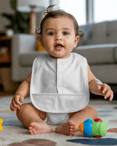 Baby Wearing Long Bib Mockup With Button Front Closure And Pocket For Easy Meal Time Cleanups