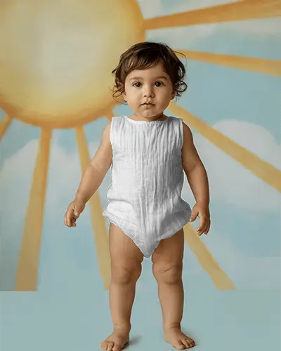 Cheerful Studio Baby Onesie Mockup Front View Toddler Under Sun Illustration Playful Background