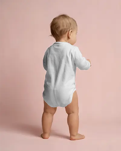 Minimal Back View Baby Onesie Mockup Toddler Standing On Seamless Floor With Gentle Light