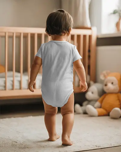 Cozy Nursery Baby Onesie Mockup Back View Toddler Walking Toward Crib Lifestyle Scene