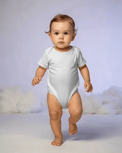 Dreamy Studio Baby Onesie Mockup Toddler Walking Forward With Cloud Props Soft Lighting Setup