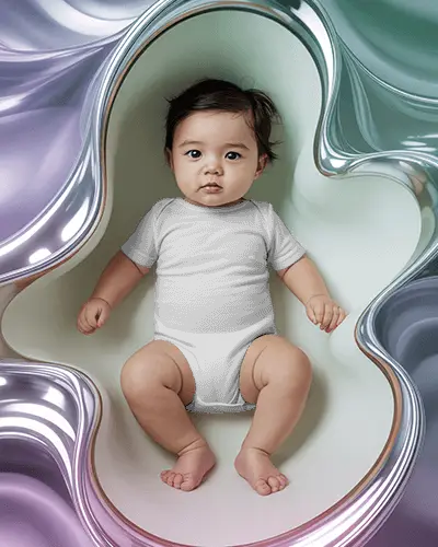 Abstract Art Baby Onesie Mockup Infant Lying Flat Top View Fluid Metallic Background Modern Style
