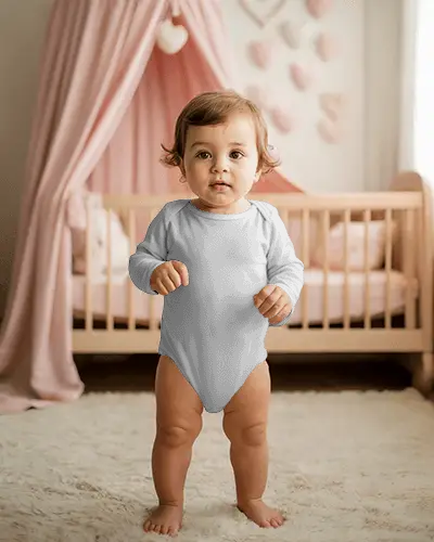 Nursery Baby Onesie Mockup Standing Toddler Front View Soft Pink Room Cozy Home Lifestyle Scene