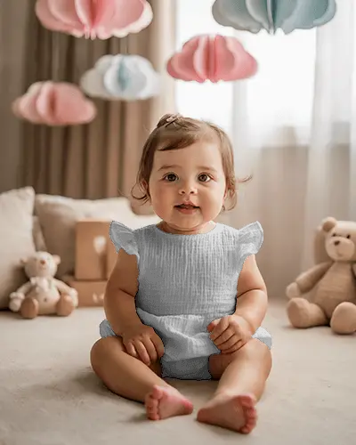 Soft Nursery Baby Onesie Mockup Sitting Infant Front View Pastel Decor Cozy Home Lighting