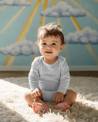 Sunny Nursery Baby Onesie Mockup Sitting Smiling Infant Cloud Wall Art Warm Natural Light