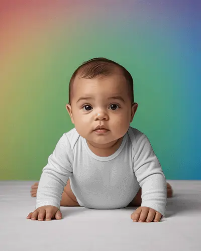 Colorful Gradient Baby Onesie Mockup Crawling Infant Front View Clean Studio Composition