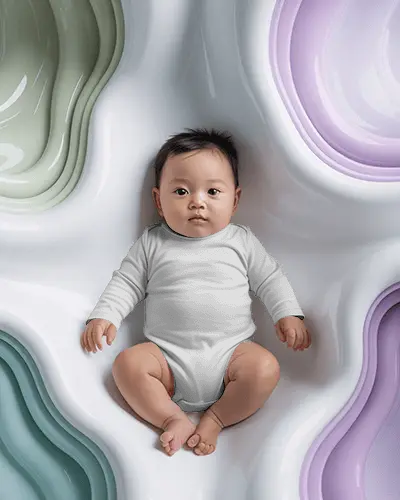 Abstract Fluid Baby Onesie Mockup Infant Lying Top View Soft Organic Wavy Background