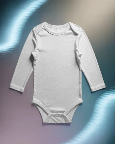 Flat Lay Baby Onesie Mockup Long Sleeve Front View Centered On Abstract Gradient Background