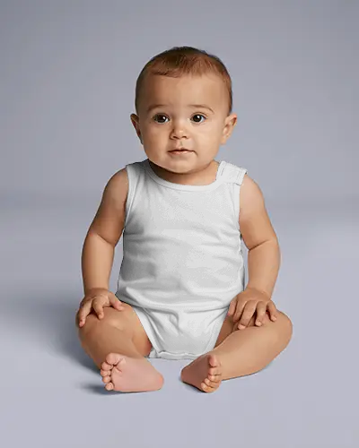 Sleeveless Baby Onesie Mockup Sitting Infant Front View Clean Gray Studio Background
