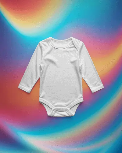 Studio Long Sleeve Baby Onesie Mockup Isolated Apparel On Smooth Colorful Wave Backdrop