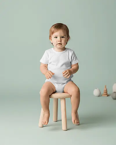 Minimal Studio Baby Onesie Mockup Sitting Toddler On Wooden Stool Soft Pastel Background