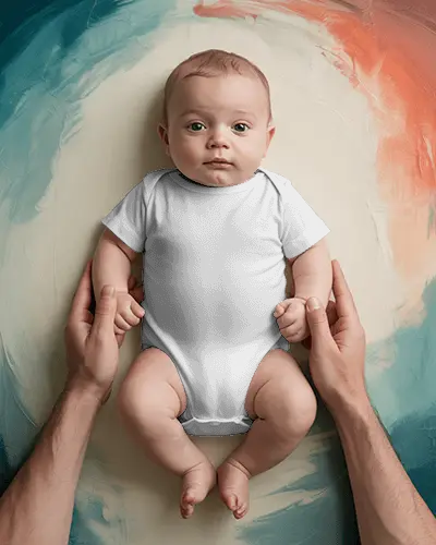 Baby Onesie Mockup Real Baby Flat Lay Studio Lighting Soft Pastel Art Background