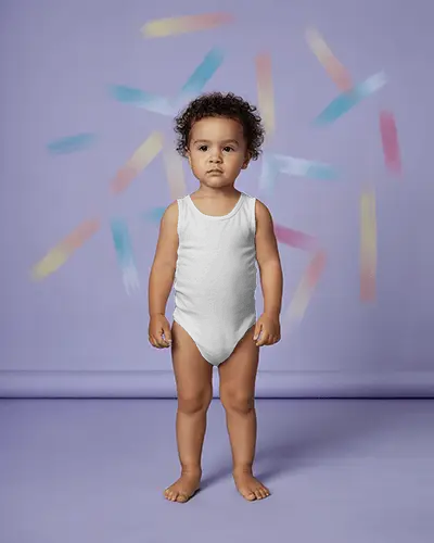 Playful Colorful Baby Onesie Mockup Toddler Standing In Creative Studio With Painted Backdrop