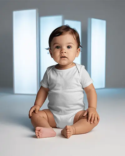 Baby Onesie Mockup Sitting Baby Model Front View Soft Studio Light Clean Modern Set