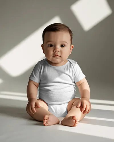 Baby Onesie Mockup Sitting Baby Front View Soft Shadow Window Light Minimal Interior