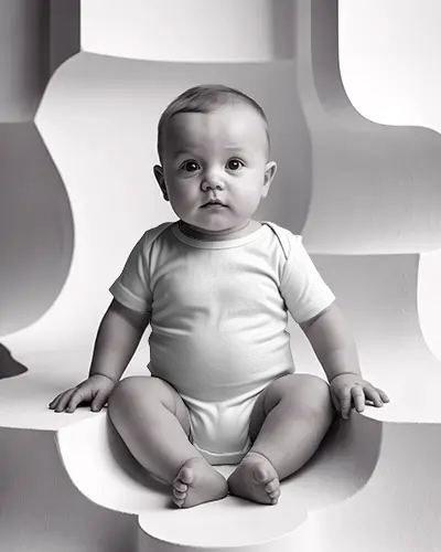Baby Onesie Mockup Sitting Baby Front View Monochrome Studio Light Architectural Forms