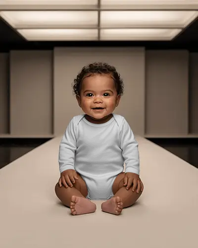Baby Onesie Mockup Smiling Baby Sitting Center Stage Soft Studio Light Runway Style