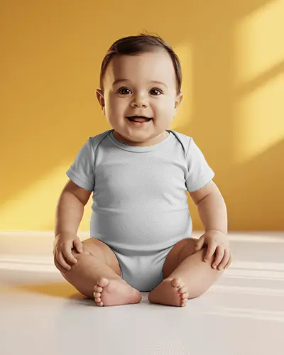 Baby Onesie Mockup Smiling Baby Sitting On Floor In Soft Sunlit Interior With Warm Minimal Background