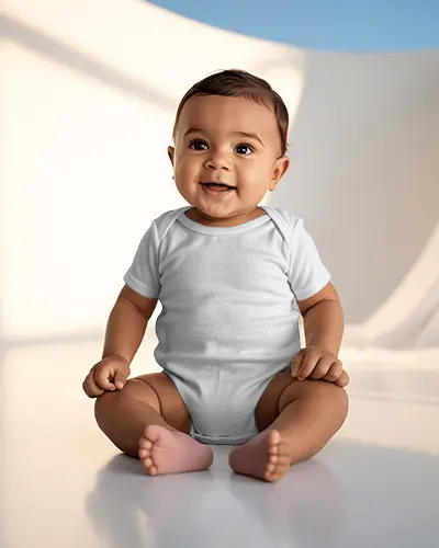 Baby Onesie Mockup Smiling Baby Sitting Front View In Soft Curved Studio With Natural Daylight