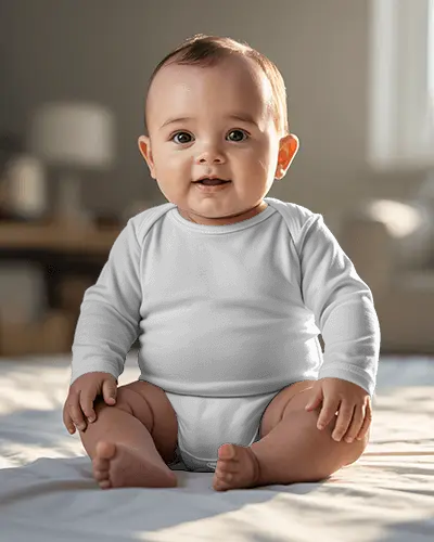 Baby Onesie Mockup Smiling Infant Sitting On Bed In Soft Natural Window Light Cozy Home Setting