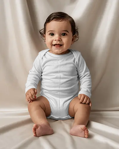 Baby Onesie Mockup Smiling Baby Sitting On Soft Draped Fabric In Warm Neutral Studio Light