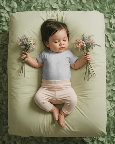 Baby Tee Mockup Sleeping Baby Laying On Cushion With Flowers In Each Hand For Design