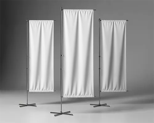 Vertical Banner Mockups With Fabric Texture And Metal Frame Stand Showcasing Advertisement