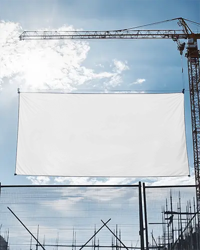 Large Outdoor Banner Mockup Hanging From Construction Crane In Sunny Blue Sky Backdrop