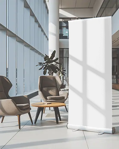 Indoor Vertical Banner Mockup In Bright Executive Waiting Area With Daylight And Plant Decor