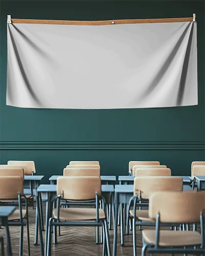 Academic Classroom Banner Mockup Horizontally Mounted On Corkboard Above Neatly Aligned Student Desks