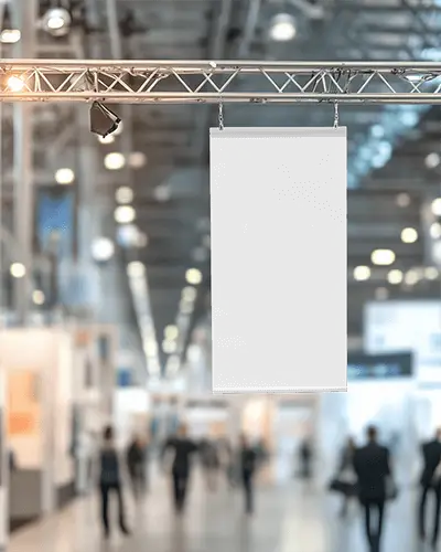 Large Stage Banner Mockup Inside Conference Hall With Spotlights And Empty Theatre Seats