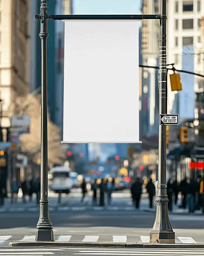 Vertical Banner Mockup Hanging On Street Light Post With Busy City Crosswalk View