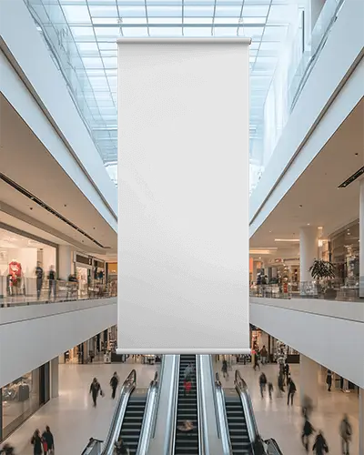 Large Hanging Banner Mockup In Modern Shopping Mall Atrium Above Escalator With Natural Light