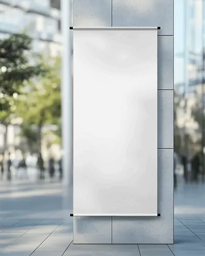 Vertical Wall Banner Mockup Mounted On Modern Building With Blurred Urban Background