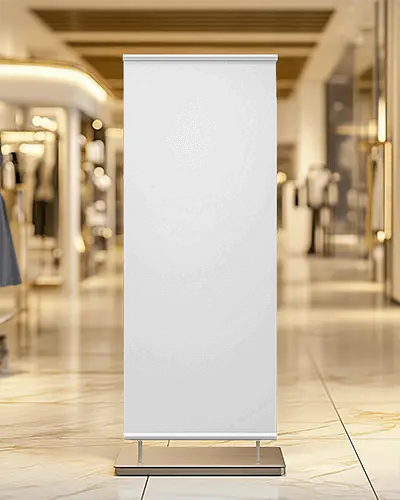 Premium Roll Up Banner Mockup In Luxury Retail Store With Elegant Lighting And Marble Floor