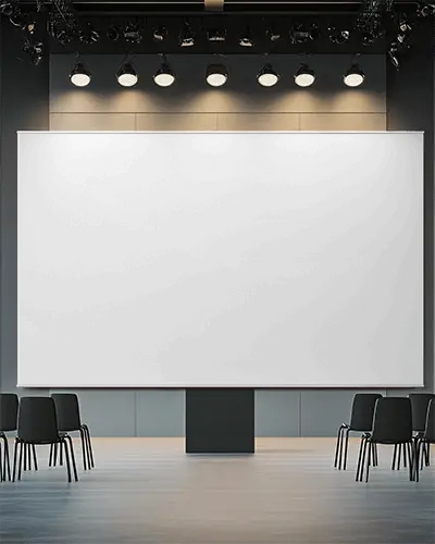 Conference Stage Banner Mockup In Modern Event Hall With Spotlights And Empty Black Chairs