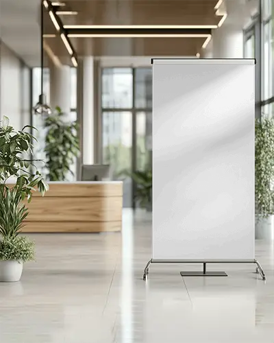 Vertical Banner Stand Mockup In Bright Reception Area With Wooden Ceiling And Potted Plants