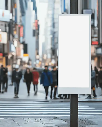 Vertical Street Banner Mockup On Metal Post With Blurred City Pedestrians And Crosswalk