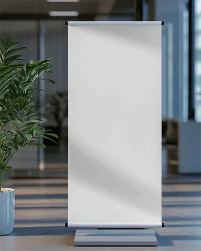 Clean Vertical Banner Mockup In Contemporary Workspace With Blurred Glass Background