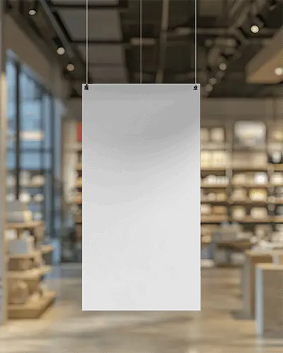 Vertical Hanging Banner Mockup In Modern Retail Store With Blurred Shelves And Soft Light