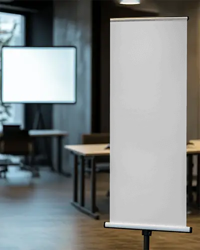 Vertical Roll Up Banner Mockup In Dark Toned Conference Hall With Empty Desks And Soft Light