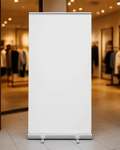 Roll Up Banner Mockup In Front Of Modern Clothing Store With Warm Interior Lighting