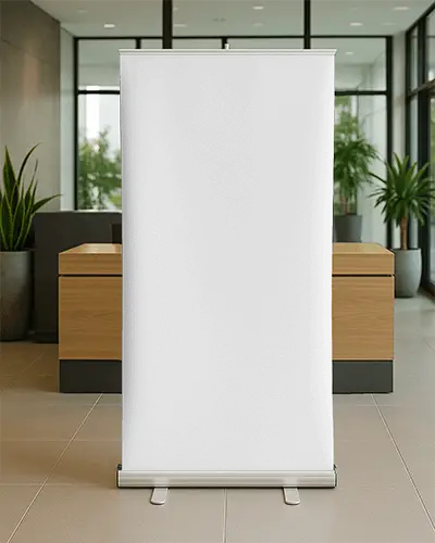 Roll Up Banner Mockup In Modern Office Lobby With Wooden Reception Desk And Potted Plants