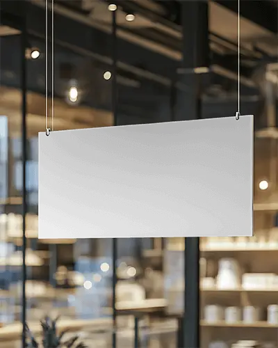 Modern Indoor Hanging Banner Mockup Suspended In Minimal Luxury Store Interior With Glass Background