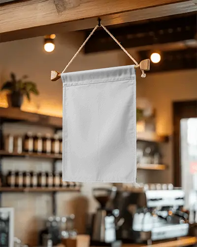 Wood Frame Banner Mockup String Mounted Banner In Brewery Style Cafe With Soft Focus Warm Lighting