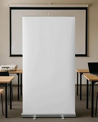 Professional Training Banner Mockup Standing Banner In Empty Classroom With Desks And Laptop