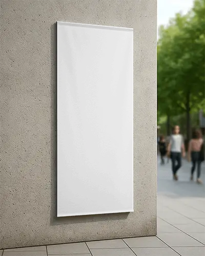 City Street Vertical Banner Mockup Blank Banner On Exterior Wall With Blurred Pedestrians
