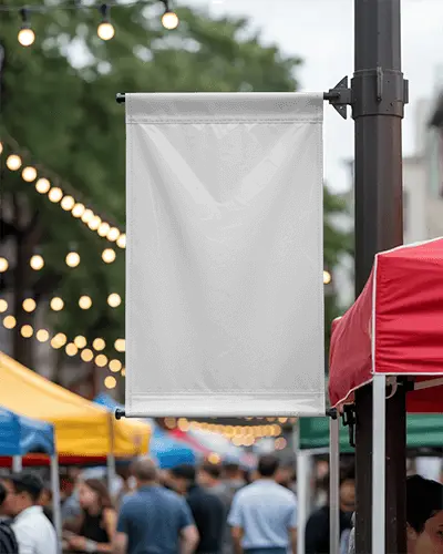 Vertical Banner Mockup Urban Event Scene With Hanging White Banner And Crowd In Background